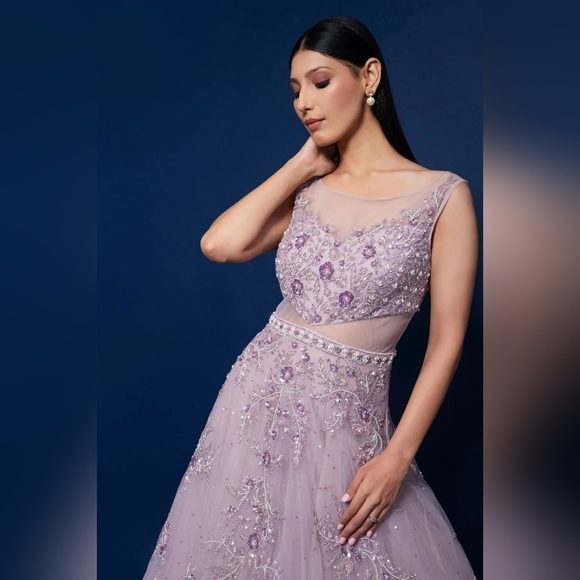 SR Purple Net Sequinned Flared Reception Gown - Picture 2 of 2